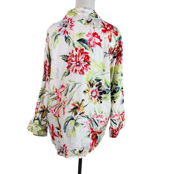 🟢 FLAX Womens Size Small Long Sleeve Floral 100% Linen Button Down Blouse - Picture 2 of 8